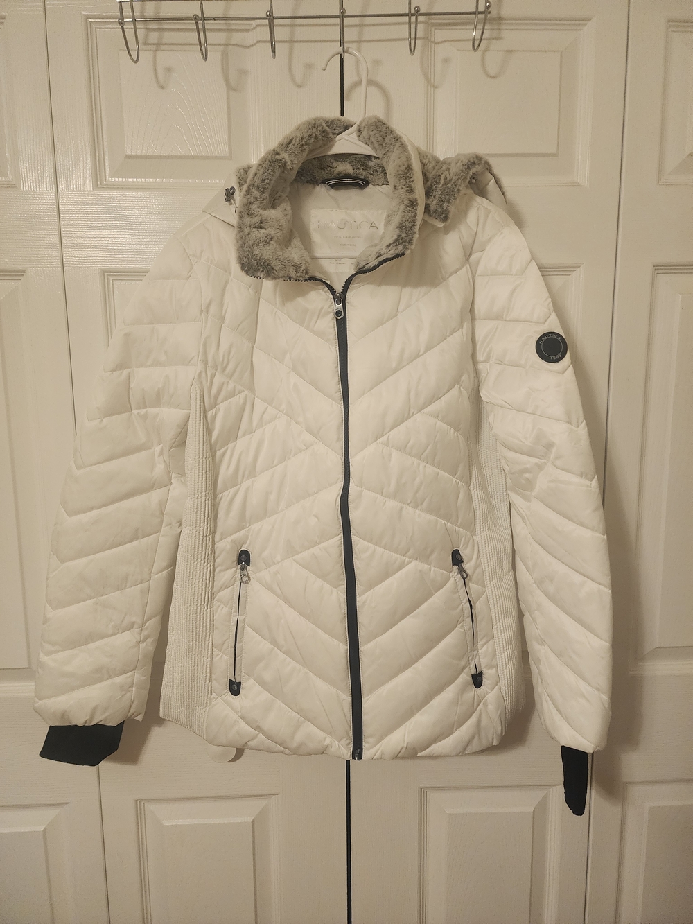 Nautica White Chevron Quilted Puffer Jacket Hooded Women's XXL